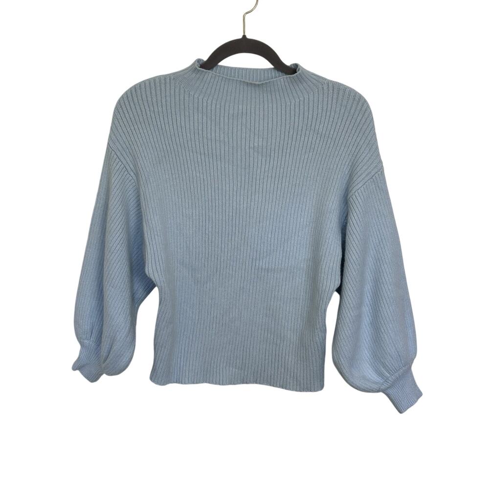 Revolve Line & Dot Light Blue Balloon Sleeve Mock Neck Ribbed Sweater Size XS